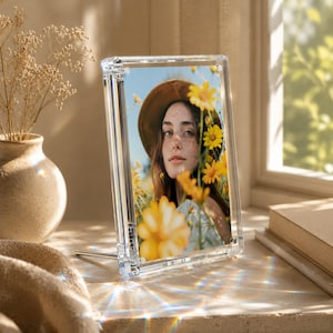 May include: A clear acrylic photo frame with a silver stand displays a portrait of a person in a field of yellow flowers. The frame is rectangular and stands upright on a light-colored surface, with a vase of dried flowers to the left.