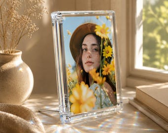 Diamond Edge Acrylic Photo Frame, Clear Magnetic Picture Frame for 4x6 5x7 Photos, Floating Tabletop Display Gift