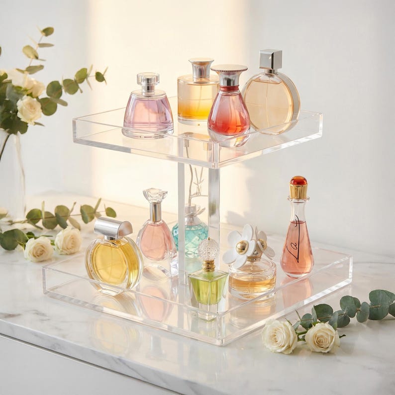 Range-parfums pour meuble-lavabo, Porte-parfum en acrylique transparent, Présentoir à parfums, Rangement pour comptoir de salle de bain 2-tiers