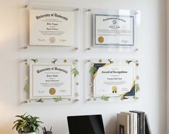Modern Acrylic Diploma Frame 8.5x11, Floating Certificate Holder, No-Drill Display