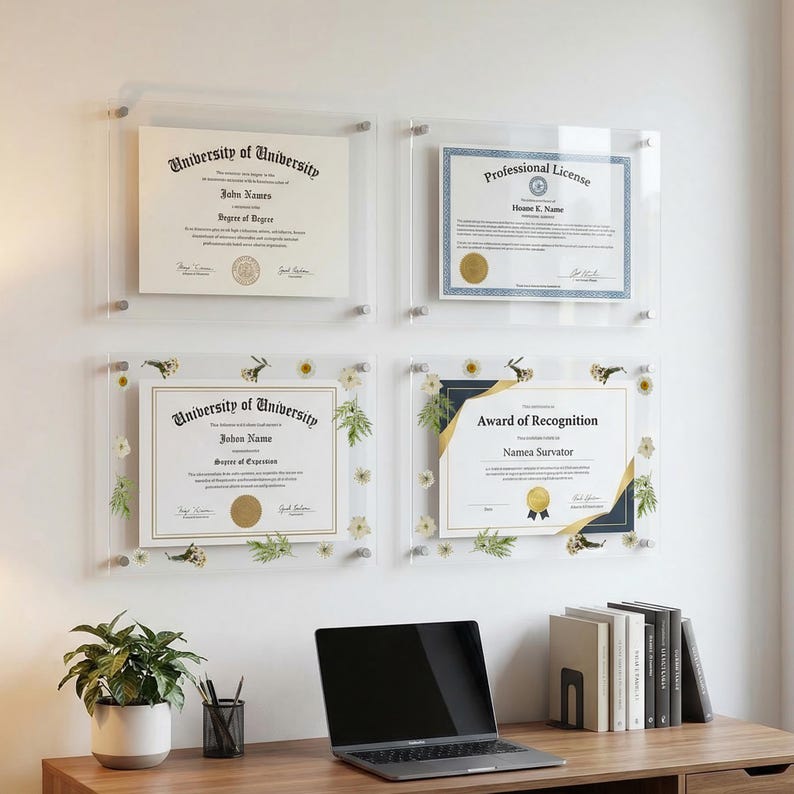 May include: Four framed certificates and awards are mounted on a white wall. Two are plain, while the other two have floral and gold accents. A laptop, plant, and books sit on a wooden desk below.