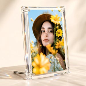 Magnetic Acrylic Picture Frame, Diamond-Edge Tabletop Photo Holder for 4x6 or 5x7 Pictures