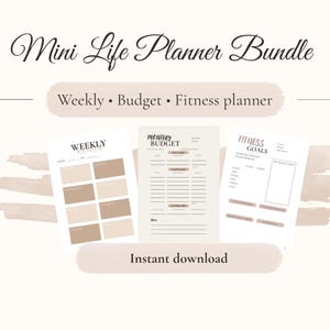 Op de afbeelding: Een digitale Mini Life Planner Bundle met wekelijkse, budget- en fitnessplanner-sjablonen. De afbeelding toont drie afdrukbare pagina's met koppen en secties voor planning. De tekst "Direct downloaden" is ook zichtbaar.