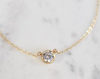 Gold Diamond Necklace, 14k gold filled Necklace, Solitaire Necklace, Minimal Necklace, Tiny CZ Necklace, Layering Necklace, Gift for Her