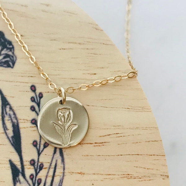 Gold Tulip Flower Necklace, Small Tulip Charm Necklace, Tulip Disc Necklace, Tulip Flower Pendant, Silver Tulip Flower Jewelry, Gift For Mom