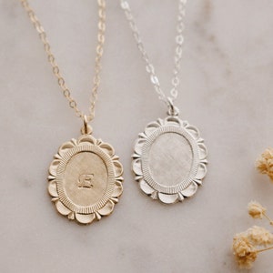 Gold Initial Necklace, Scalloped Oval Monogram Pendant, Gift for Her