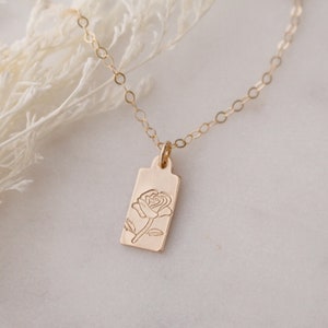 Rose Tag Necklace, Rose charm Necklace, Minimalist Rose Necklace, Flower Necklace, Sterling silver Rose Necklace, Rose Birth Flower Jewelry