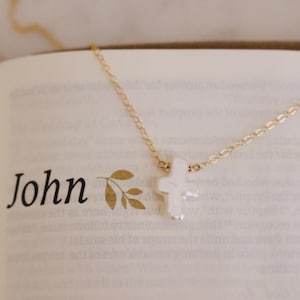 Freshwater Pearl Cross Necklace, Elegant Christian Jewelry, Baroque Pearl, White Pearl Cross Necklace, Pear Cross Pendant