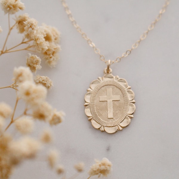 Gold Filled Cross Medallion Necklace, Scallop Edge, Religious Jewelry
