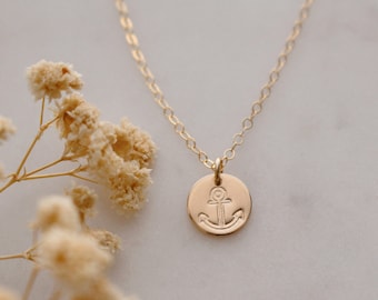 Hand Stamped Anchor Necklace, 14k Gold Filled, Nautical Jewelry