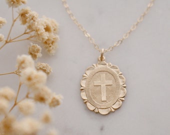 Cross Medallion Necklace, Large Coin Cross Necklace, Christian Jewelry, Round Cross Pendant, Religious Jewelry, Cross Jewelry, Gold Filled