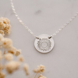 Sterling Silver Sunflower Necklace, Gold Sunflower Charm Necklace, Sunflower Disc Necklace, Sunflower in 14K Gold Filled or Sterling Silver