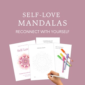Puede incluir: Imagen de mandalas de amor propio con el texto "Self-Love Mandalas, Reconnect with Yourself". La imagen incluye un cuaderno de trabajo, páginas de mandalas y bolígrafos de colores. El cuaderno de trabajo presenta un diseño floral rosa.