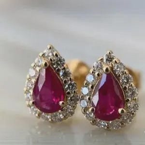 Boucles d'oreilles goutte rubis, halo de diamants en or, bijoux de mariée de style vintage