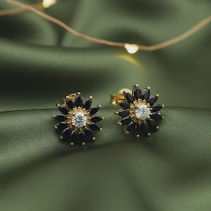 Onyx diamantörhängen, 14K gult guldpläterade, 925 sterlingsilver, svarta ädelstensörhängen, elegant present till henne