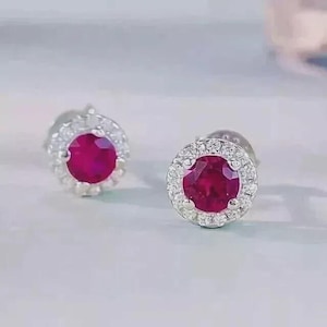 2,5 karat rundslipad labbetsgjord rosa rubin Halo örhänge 14K vitguldpläterad