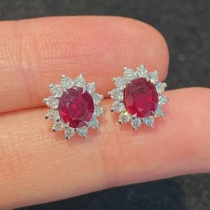 2Ct Oval Cut Ruby Halo Simulated  Stud Women's Earrings In 14K White Gold Plated