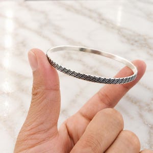 925 Sterling Silver Patterned Bangle Bracelet, Handmade Engraved Silver Cuff, Minimalist Stackable Bracelet, Boho Jewelry Gift