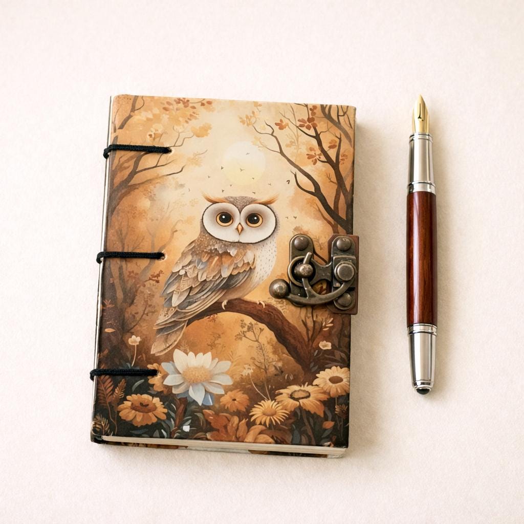 Handmade Owl Journal Notebook, Silver Plated Lock Diary, Vintage Sketchbook, Nature Forest Art