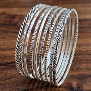 925 Sterling Silver Mixed Texture Stackable Bangle Set, Twisted Rope Engraved Bracelets
