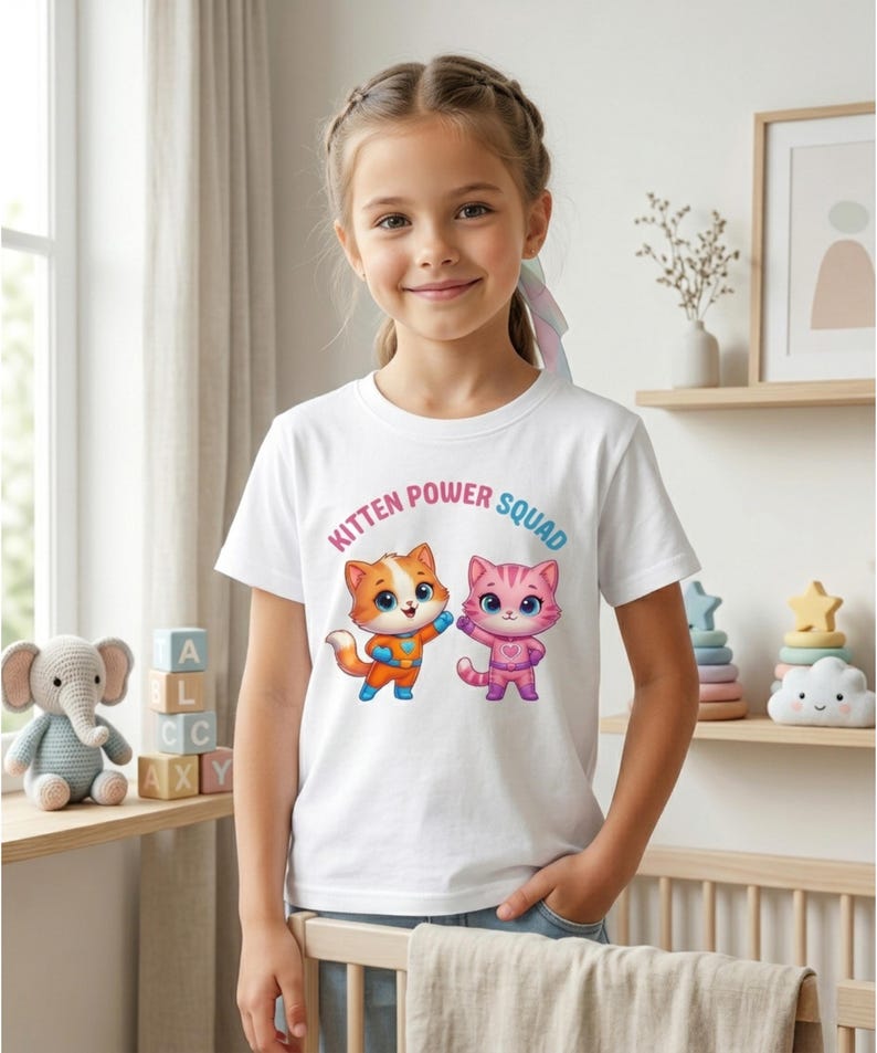 Pode incluir: Camiseta branca com o texto "Kitten Power Squad" e dois gatinhos de desenho animado. Um gatinho &eacute; laranja e o outro rosa. O gatinho laranja est&aacute; usando uma roupa laranja e azul, e o gatinho rosa est&aacute; usando uma roupa rosa.