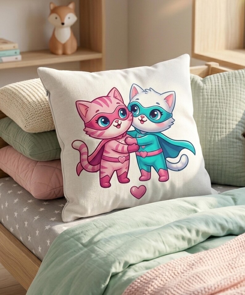 Pode incluir: Uma almofada quadrada branca com uma ilustra&ccedil;&atilde;o de desenho animado de dois gatos super-her&oacute;is abra&ccedil;ando-se. Um gato &eacute; rosa, o outro azul, ambos usando capas e m&aacute;scaras. Um cora&ccedil;&atilde;o rosa est&aacute; abaixo. A almofada est&aacute; em uma cama.