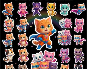 Superhero Kittens Clipart Bundle PNG SVG, Cute Cat Birthday PNG, Kawaii Super Kitty Sublimation, Cartoon Cat Digital Download