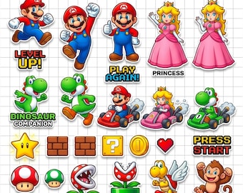 Super Mario Retro Sticker Pack - Printable Vinyl Decals for Cricut, Mario Kart & Princess Peach Clipart, Gaming DIY Digital Download