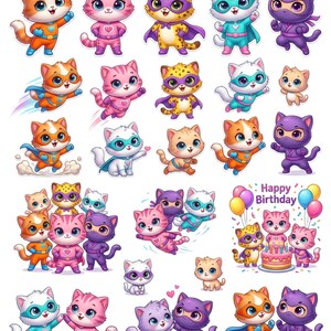 Pode incluir: Uma cole&ccedil;&atilde;o de autocolantes de gatos de desenhos animados vestidos como super-her&oacute;is. Os gatos s&atilde;o em tons de laranja, rosa, amarelo, roxo e azul, com capas e m&aacute;scaras. Alguns autocolantes t&ecirc;m o texto "Happy Birthday".