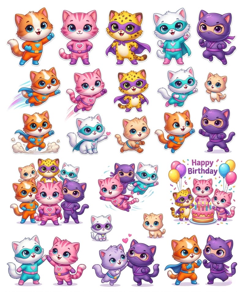 Pode incluir: Uma cole&ccedil;&atilde;o de autocolantes de gatos de desenhos animados vestidos como super-her&oacute;is. Os gatos s&atilde;o em tons de laranja, rosa, amarelo, roxo e azul, com capas e m&aacute;scaras. Alguns autocolantes t&ecirc;m o texto "Happy Birthday".