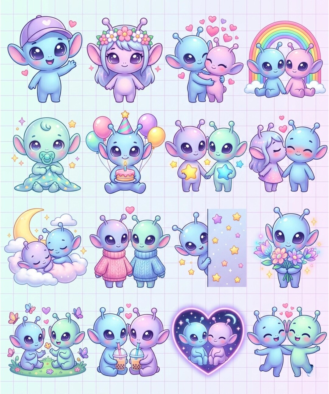 Cute Alien Couple PNG Bundle, Pastel Love Sublimation Designs, Baby ...