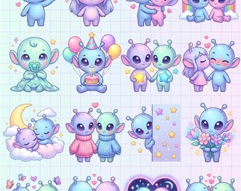 Cute Alien Couple PNG Bundle,  Pastel Love Sublimation Designs, Baby Alien PNG, Tumbler Shirt Mug PNG, Stitch and Angel Svg Png Bundle