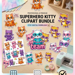 Pode incluir: Um conjunto de clipart de gatinhos super-her&oacute;is, com gatos vestidos com trajes de super-her&oacute;is. O download digital inclui imagens de gatos com capas e m&aacute;scaras, e a palavra "team". O texto "Happy Birthday" tamb&eacute;m est&aacute; presente. Uso comercial permitido.