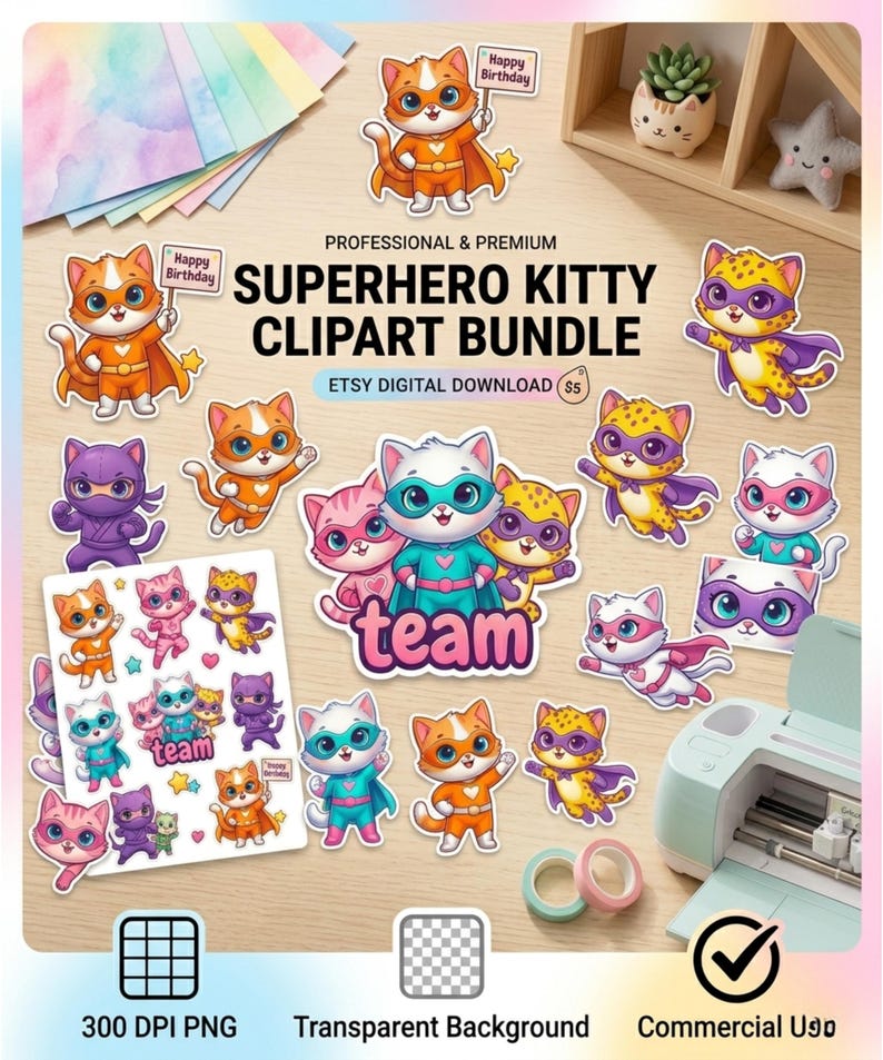 Pode incluir: Um conjunto de clipart de gatinhos super-her&oacute;is, com gatos vestidos com trajes de super-her&oacute;is. O download digital inclui imagens de gatos com capas e m&aacute;scaras, e a palavra "team". O texto "Happy Birthday" tamb&eacute;m est&aacute; presente. Uso comercial permitido.