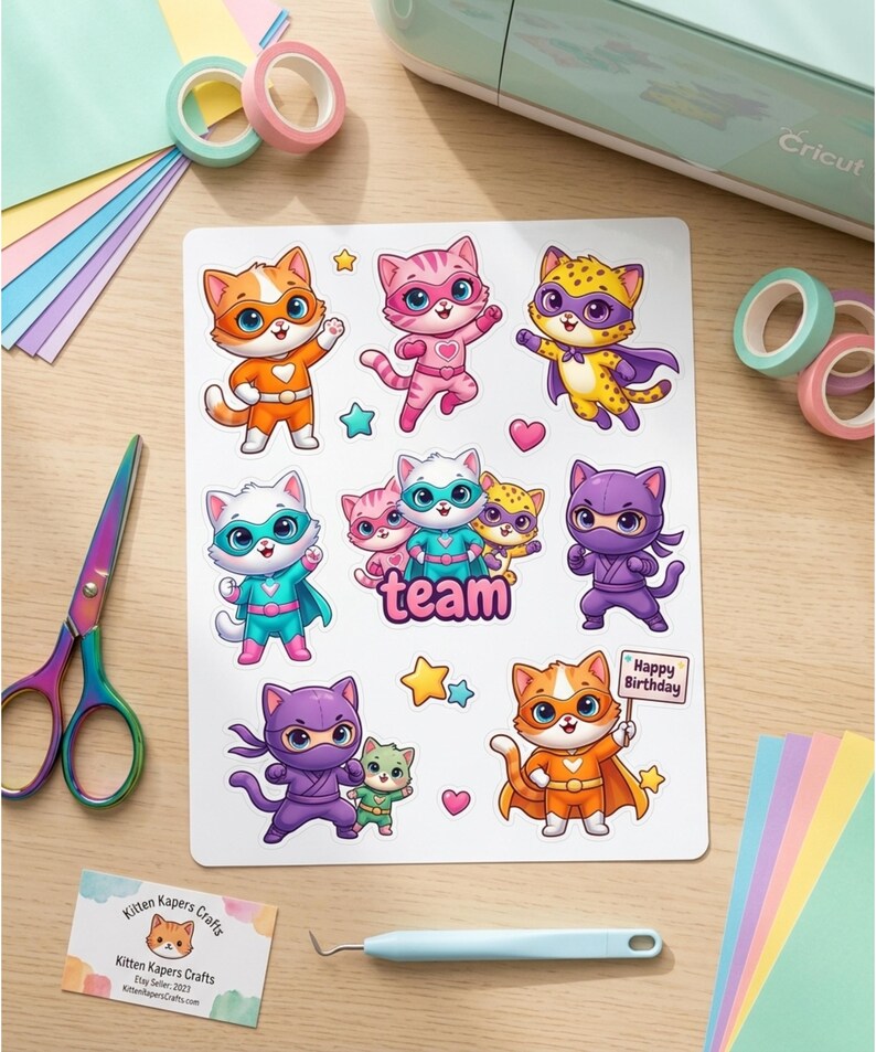 Pode incluir: Uma folha de autocolantes coloridos de gatos com fantasias de super-her&oacute;is, com a palavra "team" e um letreiro de "Happy Birthday". Os autocolantes s&atilde;o laranja, rosa, amarelo, roxo e azul. Tamb&eacute;m est&atilde;o inclu&iacute;das tesouras, fita washi e papel de artesanato.