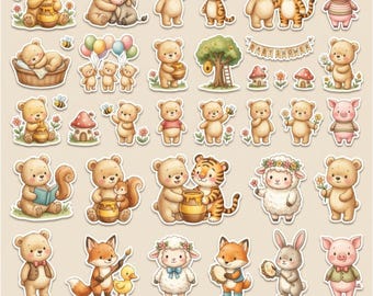 Baby Winnie Bear PNG Bundle, Woodland Animals Clipart, Teddy Bear Sublimation, Baby Shower PNG, Nursery Animal PNG, Watercolor Bear Clipart