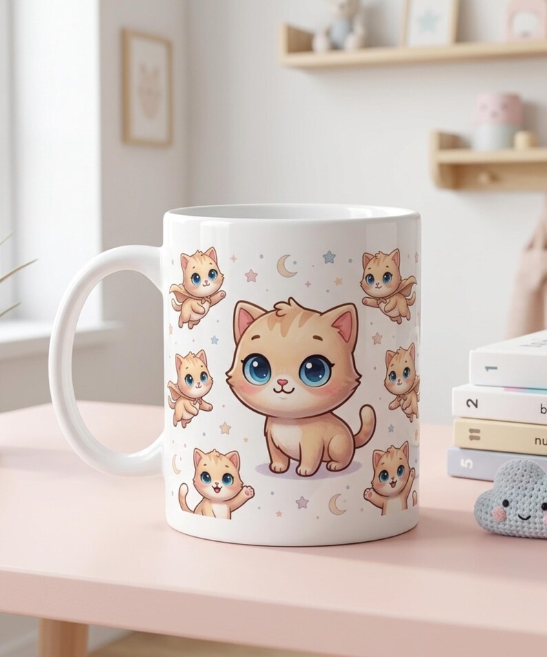 Pode incluir: Caneca de cer&acirc;mica branca com um desenho de gato de desenho animado. A caneca apresenta um gato grande e amig&aacute;vel no centro, rodeado por ilustra&ccedil;&otilde;es de gatos menores, estrelas e luas crescentes. Os gatos s&atilde;o laranja claro com olhos azuis.