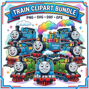 May include: A colorful train clipart bundle featuring various cartoon trains in blue and green. The trains have smiling faces and are emitting colorful smoke. The image includes the text "TRAIN CLIPART BUNDLE" and file type information.
