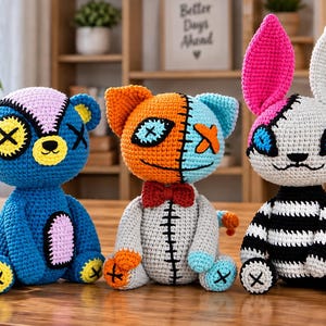 Handgehäkeltes Amigurumi-Puppenset, Patchwork-Bär, Katze, Hase (3er-Pack)