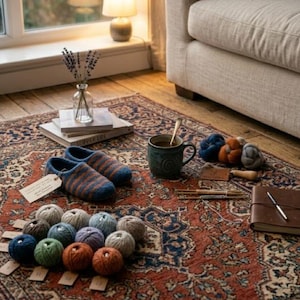 Peut inclure: Un tapis à motifs avec des pantoufles rayées bleues et oranges, une tasse de café et diverses pelotes de laine de différentes couleurs. Un carnet et des aiguilles à tricoter sont également présents.