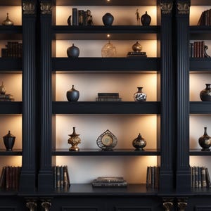 May include: A dark blue built-in bookcase with several shelves, lit by warm lighting. The shelves are adorned with various decorative items, such as vases, books, and framed artwork. The overall style is elegant and sophisticated.
