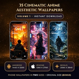 以下が含まれることがあります： 35のシネマティックアニメ美学壁紙の広告。画像には、さまざまなアニメスタイルの壁紙を表示する3つのスマートフォンが表示されています。画像上のテキストは「Volume 1 - Instant Download」と書かれており、AndroidとiPhoneのサイズ仕様が含まれています。