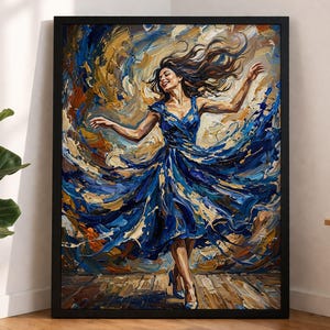 May include: A framed art print of a woman dancing in a blue dress. The painting uses thick brushstrokes in shades of blue, gold, and white to create a dynamic and expressive image. The woman's hair is flowing, and the background is abstract.