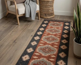 Handwoven Kilim Runner Rug – Red & Black Tribal Geometric Wool Jute Hallway Runner