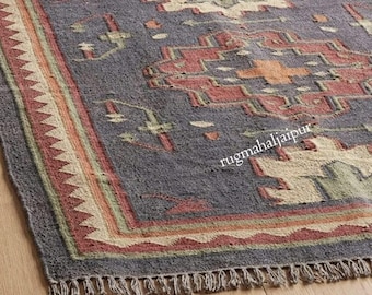 Handwoven Wool Jute Kilim Rug, Geometric Boho Area Carpet, Natural Fiber Decor