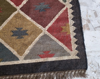 Alfombra Kilim de lana de yute tejida a mano – Alfombra geométrica bohemia para pasillo y escalera