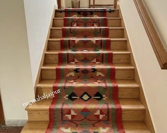 Handwoven Kilim Runner Rug – Jute Wool Stair Hallway Entryway Carpet