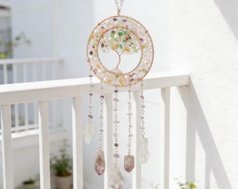 Handmade Tree of Life Suncatcher, Natural Chakra Crystals, Rainbow Prism Boho Decor