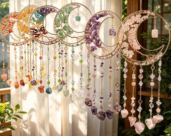 Kristall Månlivsträd Solfångare | Vindklocka i koppartråd inlindad ädelsten