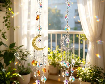 Niebiański łapacz słońca z kryształu księżyca i gwiazdy, złoto-srebro, tęczowy pryzmat, łapacz światła, czarownica, boho, zawieszka na okno, duchowość, estetyka, dom, ogród, wystrój, prezent